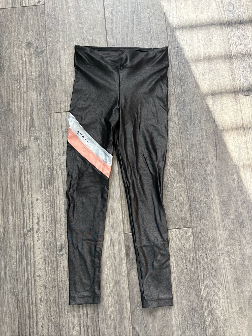 Koral Black Leggings with Pink & Silver Diagonal Stripes